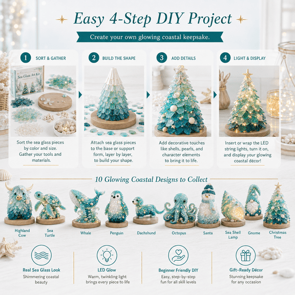 DIY 3D Sea Glass Art Kit for Adults, Coastal Ocean & Holiday Handmade Craft Set, Lighted Tabletop Ornament with Natural Wood Base, Complete Craft Kit with Glue, Creative Home Decor & Handmade Gift