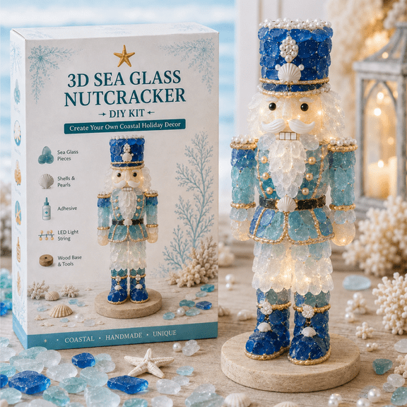 DIY 3D Sea Glass Nutcracker Art Craft Kit, MakeYourOwn Coastal Ocean Style Nutcracker Figurine with Sea Glass Pieces, Shell & Pearl Accessories, Handmade Christmas Tabletop Decor Project Kit