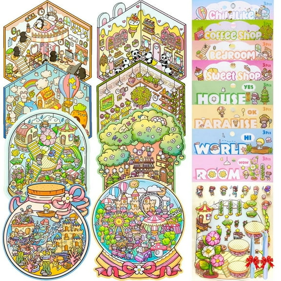 DIY 3D Sticker Scene,8 Sets Pack(500+), Reusable Sticker Book, Cute Sets for Free Combination, Cute Waterproof for Anywhere, Crafts Party Favors Birthday Gift