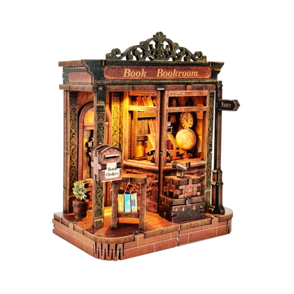 DIY 3D Wooden Book Nook Kit - Retro Paper Kiosk Miniature Bookshelf Insert with LED Light, Vintage Literary Bookstore Puzzle Craft for Adults and Teens 14+, Creative Desk Decor