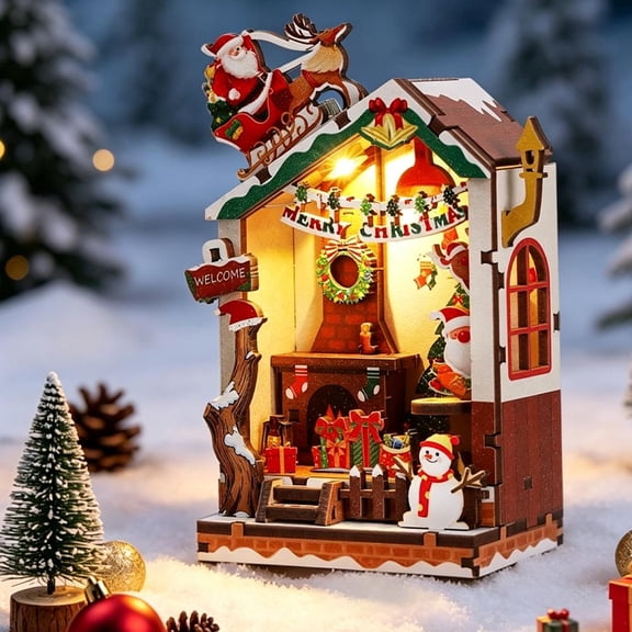 DIY 3D Wooden Christmas Village Magnet Kit, Miniature House Puzzle Craft with LED Light, Magnetic Fridge Decoration, Holiday Home Decor Gift