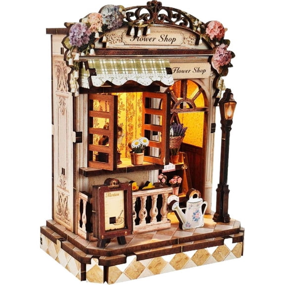 DIY 3D Wooden Miniature House Kit, Robust Book Nook Shelf Insert with LED Lights, Sturdy Resilient Building Model for Adults & Kids, Desktop Decor Art, 11cm