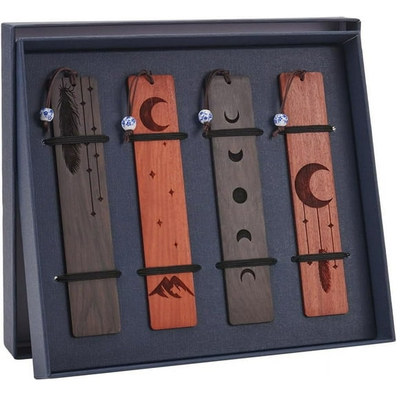 DIY 4 PCS 4 Styles Wooden Moon Phase Bookmarks Moon Beaded Bookmarks Fancy Unique Beaded Wood Book Marks Rectangl Handmade 5.6x1.1inches DIY