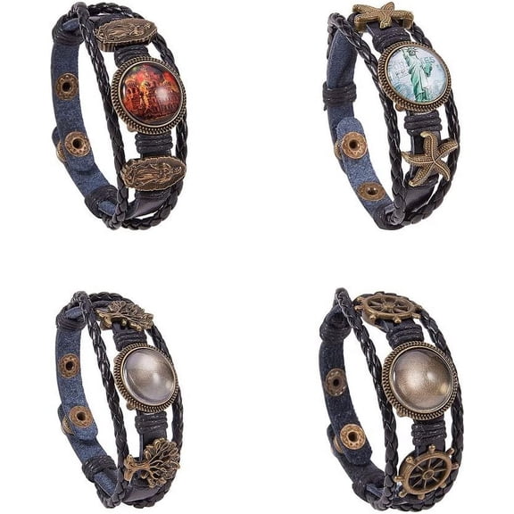 DIY 4 Sets Leather Bracelet Making Kit Multilayer Rope Bangle Cuff Wristband with Blank Alloy Cabochon Bezel Tray Clear Glass Cabochon 18mm Button Adjust Mixed Shapes DIY