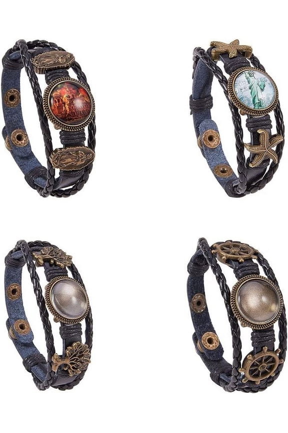 DIY 4 Sets Leather Bracelet Making Kit Multilayer Rope Bangle Cuff Wristband with Blank Alloy Cabochon Bezel Tray Clear Glass Cabochon 18mm Button Adjust Mixed Shapes Bronze