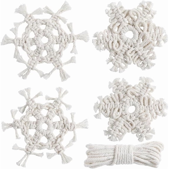 DIY 4 Sets Macrame Kit Christmas Macrame Ornaments Macrame Snowflakes Winter Macrame Keychains with Instructions Macrame Kits
