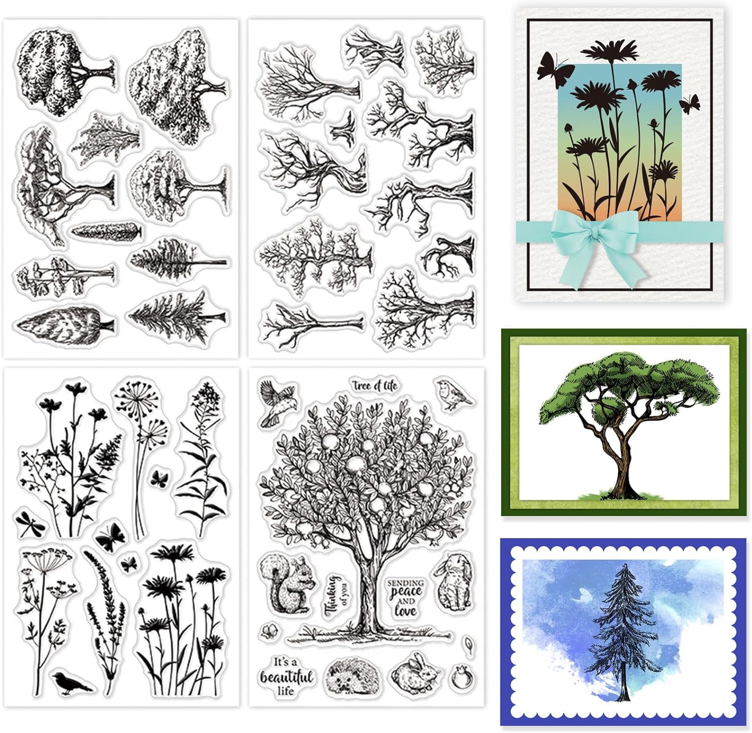DIY 4 Sheets Plants Tree Clear Stamps for Card Making Flower Silhouette ...