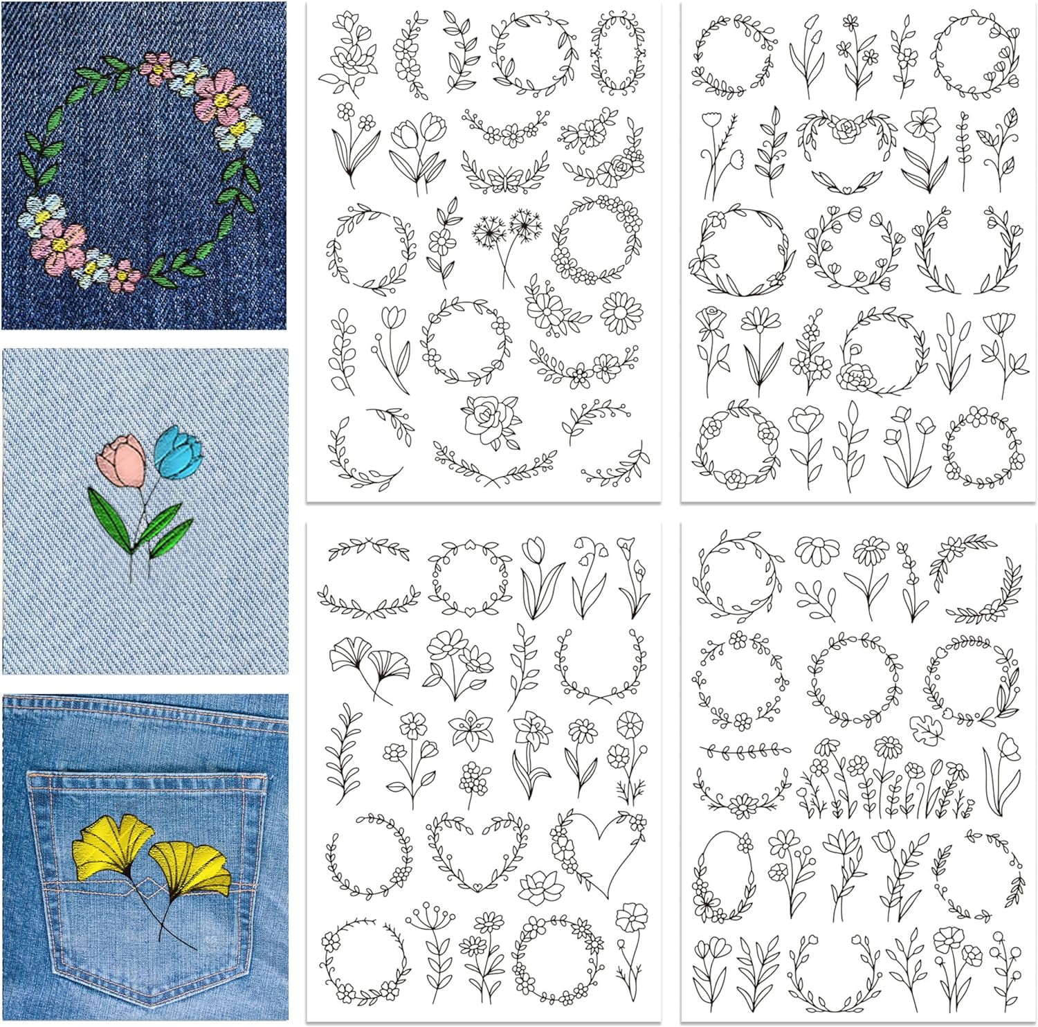 Embroid Effect Sticker DIY 4 Sheets Wreath Pattern Water Soluble Hand Sewing Stabilizers for ...