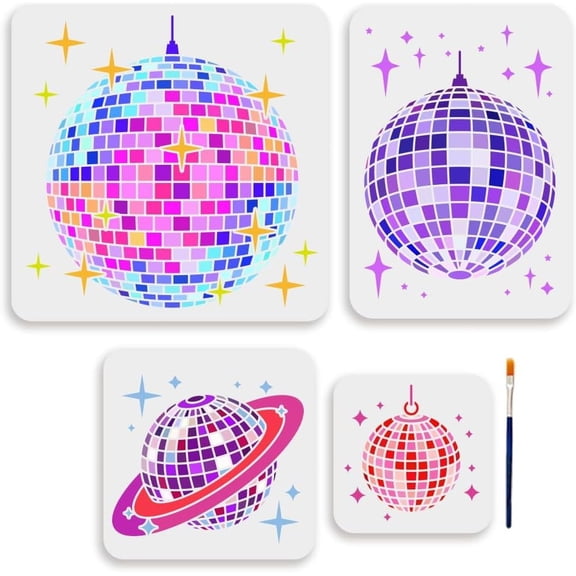 DIY 4 Size Disco Ball Stencil 6~11.8inch Dancing Party Dazzling Ball Stencil with Paint Brush Shiny Star Music Bar Party Light Templates for Furniture Windows Wood Wall Tile Canvas Fabric Floor DIY