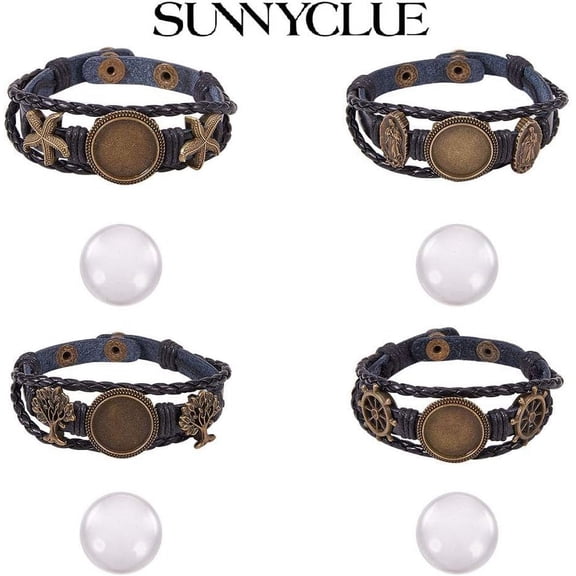 DIY 4 sets Leather Bracelet Making Kit Multilayer Rope Bangle Cuff Wristband with Blank Alloy Cabochon Bezel Tray Clear Glass Cabochon 18mm Button Adjust Mixed Shapes