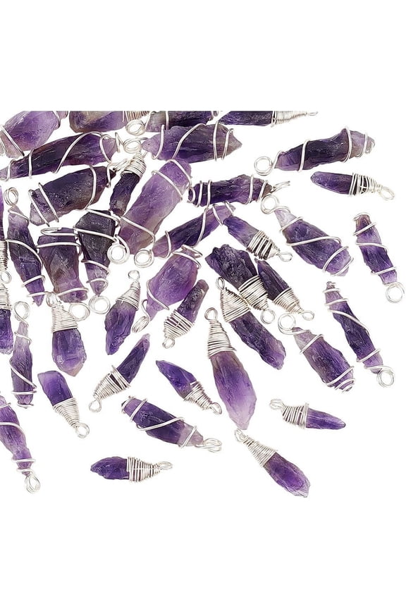 DIY 40Pcs 2 Styles Natural Amethyst Pendants Irregular Stone Pendants Amulet Chakra Gemstone Charms Rough Nuggets Stone Charms Copper Wire Wrapped Stone Charms for Jewelry Making DIY