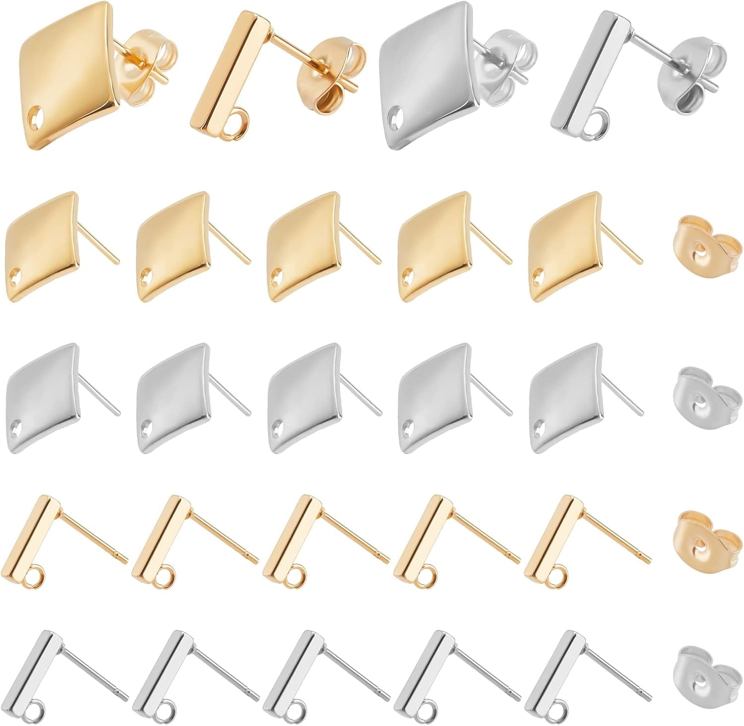 DIY 40pcs 4 Styles Stainless Steel Stud Earring 2 Colors Hypoallergenic