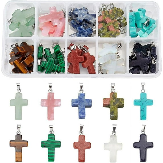 DIY 50pcs Stone Cross Charms 10 Color Gemstone Pendants Cross Quartz Crystal Chakra Charms for Easter Valentine Eid Mubarak Ramadan Decoration Necklace Earring Bracelet Jewelry Making DIY