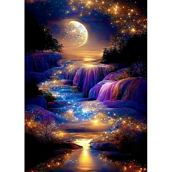 DIY 5D Diamond Art Kits for Adults Beiginner, Moon Waterfall Diamond Art Kits for Home Wall Decor 12 x 16 Inch