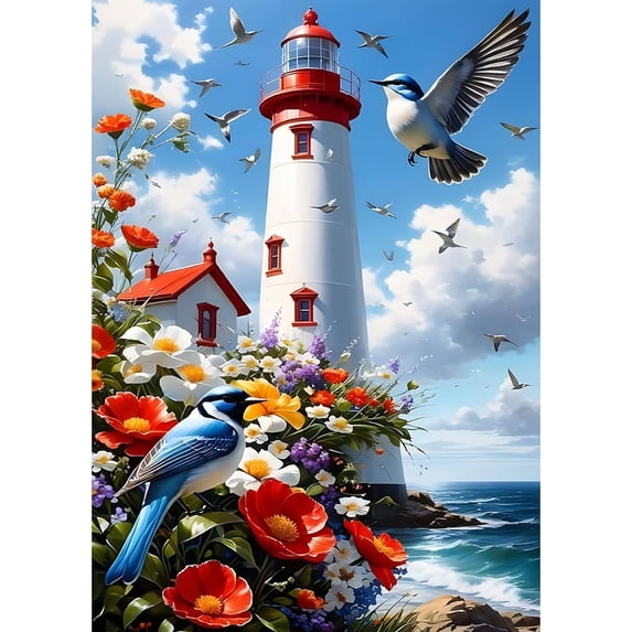 DIY 5D Diamond Painting Kit Adult Diamond Painting "Birds and Flowers Lighthouse" Full Diamond Crystal Rhinestone Embroidery Craft Kit Home Wall Decor Gift