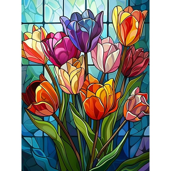 DIY 5D Diamond Painting Kit (For Adults) Diamond Painting "Colorful Tulips and Glass Art" - Full Diamond Crystal Rhinestone Embroidery Craft Kit, Can be Used as Gift, Wall Decoration