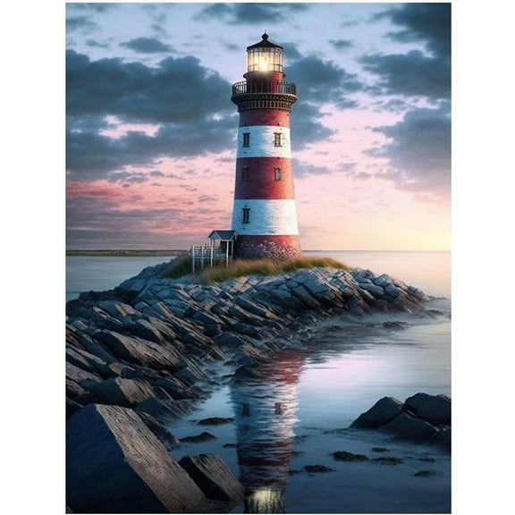 DIY 5D Diamond Painting Kit (For Adults) Diamond Painting "Beach and Lighthouse" - Full Diamond Crystal Rhinestone Embroidery Craft Kit, Can Be Used as Gift, Wall Decoration