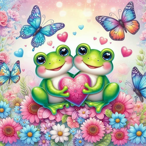 DIY 5D Diamond Painting Kit (For Adults) Diamond Painting "Frog Couple, Flowers, Butterfly, Love Heart" - Full Diamond Crystal Rhinestone Embroidery Craft Kit, Can Be Used as Gift, Wall Decoration