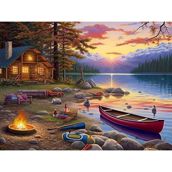 DIY 5D Diamond Painting Kit (For Adults) Diamond Painting "Sunset Lake Cabin Boat" - Full Diamond Crystal Rhinestone Embroidery Craft Kit, Can Be Used As Gift, Wall Decoration