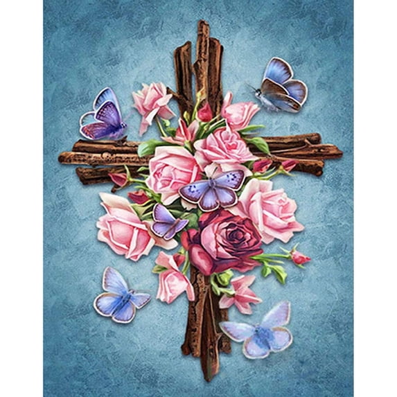 DIY 5D Diamond Painting Kits for Adults, Full Drill Rhinestone Embroidery Paint for Kids, Home Wall Decor Cross Stitch Arts Number (Colorful Flowers Cross 13.3x17.3 inch)