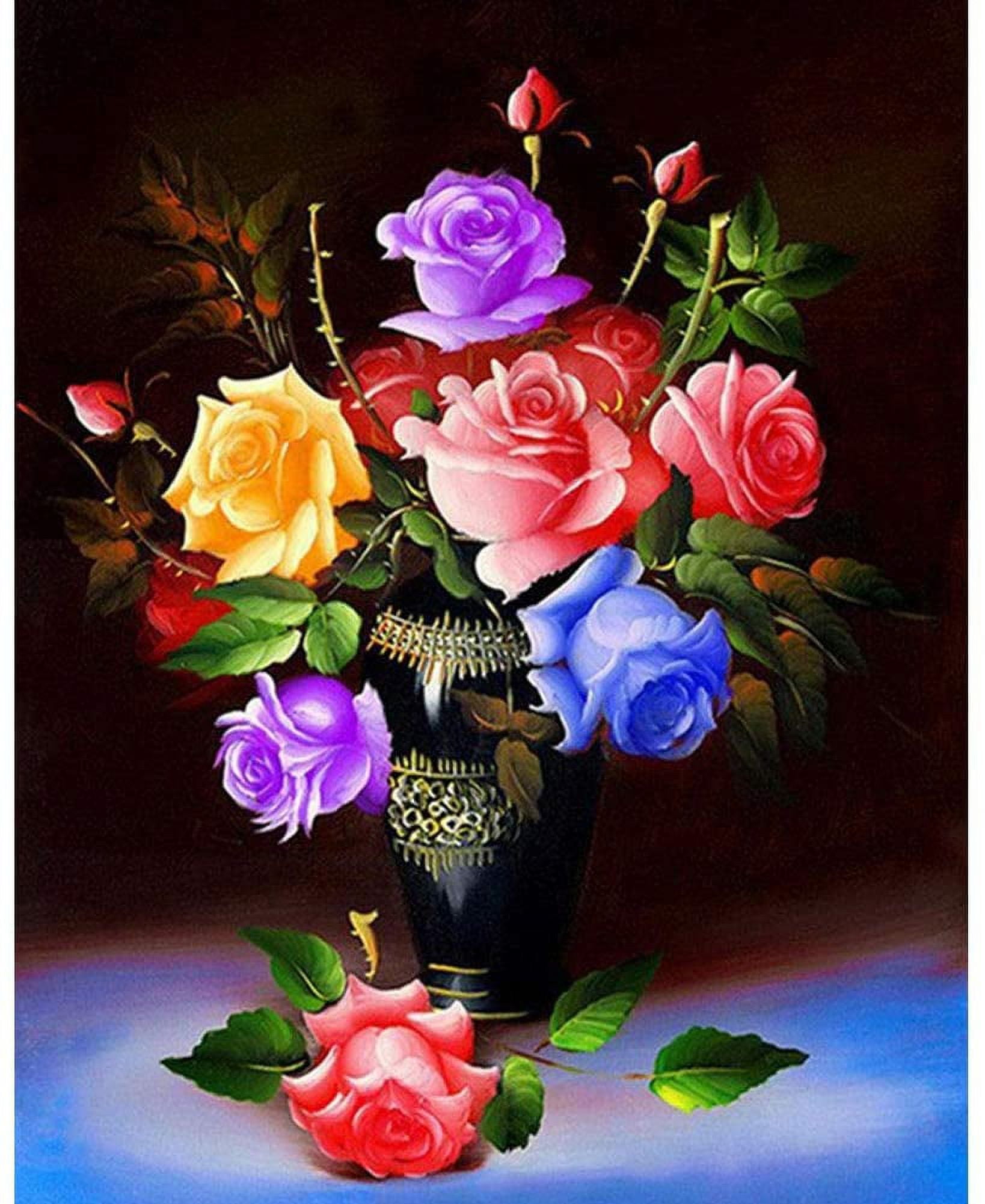 5D Diamond Painting Pink and Blue Flowers in a Blue Vase Kit