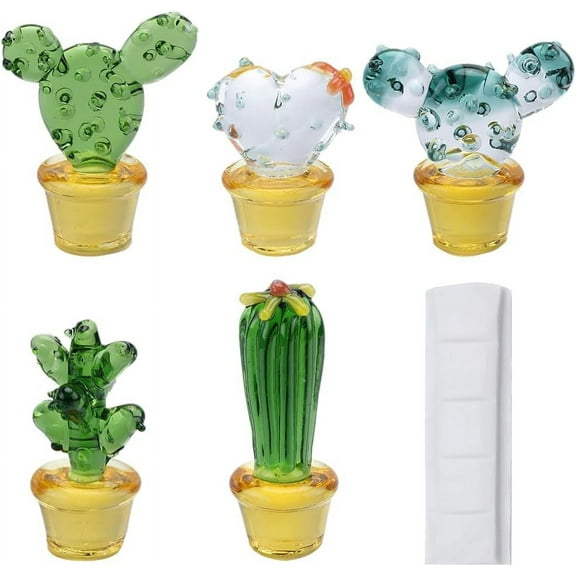DIY 5PCS Mini Glass Cactus Figurines Handmade Blown Crystal Miniature Art Cactus Collection Simulation Flower Plant Ornaments for Home Office Desk Tabletop Car Inner Dashboard Accessories DIY