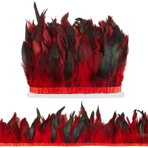 DIY 5m Red Rooster Feather Fringe Trim 13-18cm Natural Feather Trimming Decoration Rooster Hackle Feather Trim Ribbon for DIY Cosplay Costume Halloween Carnival Decor Shawl Skirt Accessories DIY