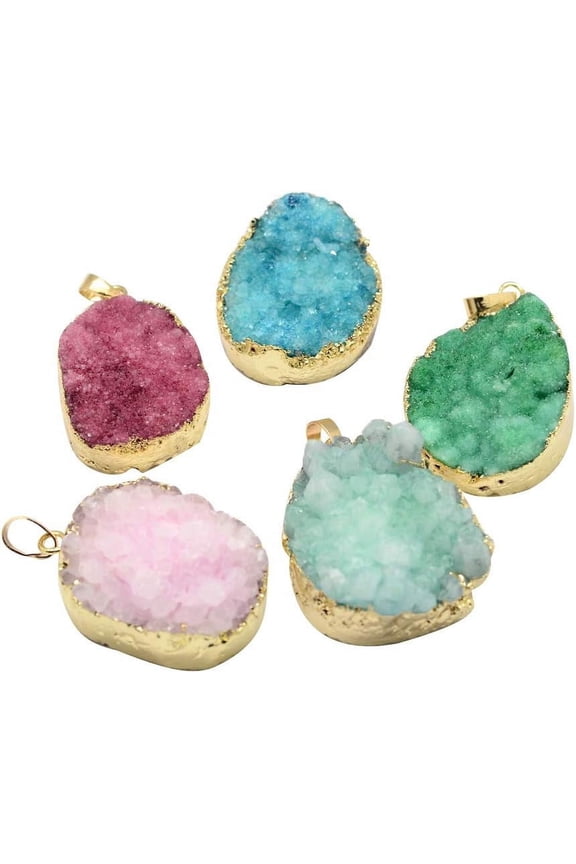 DIY 5pcs Plated Natural Druzy Agate Stone Round Pendants with Golden Brass Findings for Necklace Earring Jewelry Making DIY