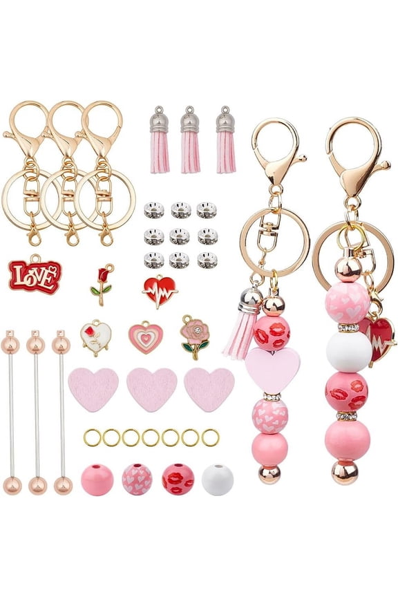 DIY 6 Sets Keychain Making Kit Valentines Day Beadable Keychains Pink Wood Beads Romantic Love Rose Flower Charms Keychain Bar Bulk Keychain Bars for Women Adults Gift Party Favor Supplies for making