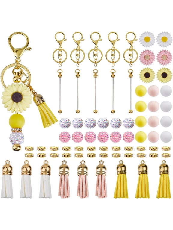DIY 6 Sets Keychain Making Kits Keychain Bar Bulk Daisy Flower Bead Round Silicone Focal Beads Beaded Bars Beadable Key Chains for Women Adults Gift Holiday Party Favor Supplies Mixed Color