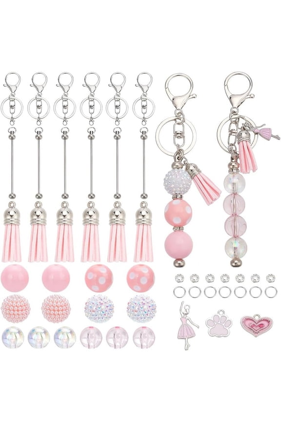 DIY 6 Sets Valentines Day Keychain Making Kit Bead Keychain Bars Romantic Pink Charms Beadable Keychains Bar Keychain for DIY Women Adults Gift Holiday Party Favor Office School Supplies