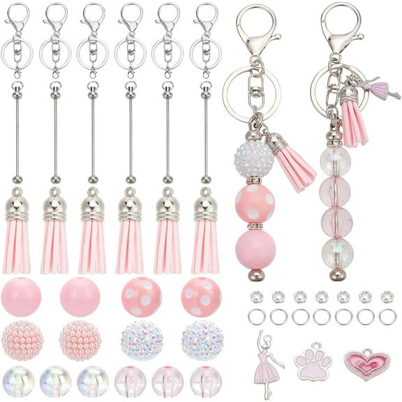 DIY 6 Sets Valentines Day Keychain Making Kit Bead Keychain Bars Romantic Pink Charms Beadable Keychains Bar Keychain for Women Adults Gift Holiday Party Favor
