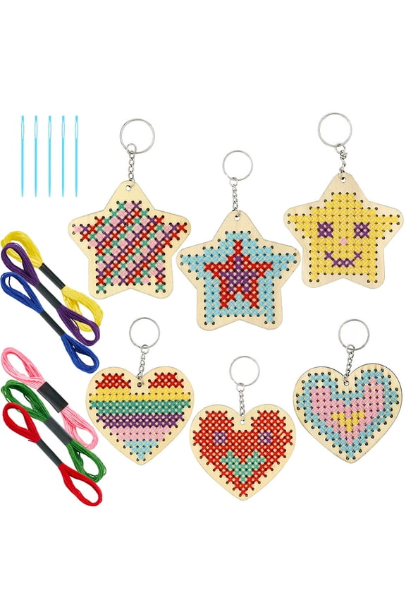DIY 6 Sets Wood Stitch Kits Embroidery Keychain Making Kit Star Heart Wooden Keychains Stitch Keyring with Instruction for Beginners Starter Adults Gifts Holiday Christmas DIY