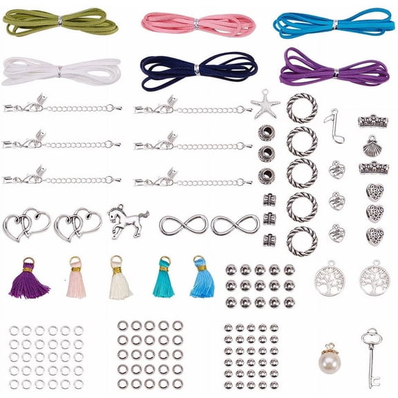 DIY 6 Strand Leather Suede Wrap Bracelet Making Kit Double Hearts Infinity Anchor Tree of Life Key Starfish Musical Note Pearl Charms Pendants for DIY Rope Wristband Bracelets Instruction 1set