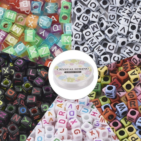 DIY 6mm Cube Bead Stretch Bracelet Kits for Children's Day Including 1400Pcs Acrylic Letters Beads 2 Rolls Elastic Crystal Thread Mixed Color 5.5~6x5.5~6x5.5~6mm Hole: 3~3.5mm