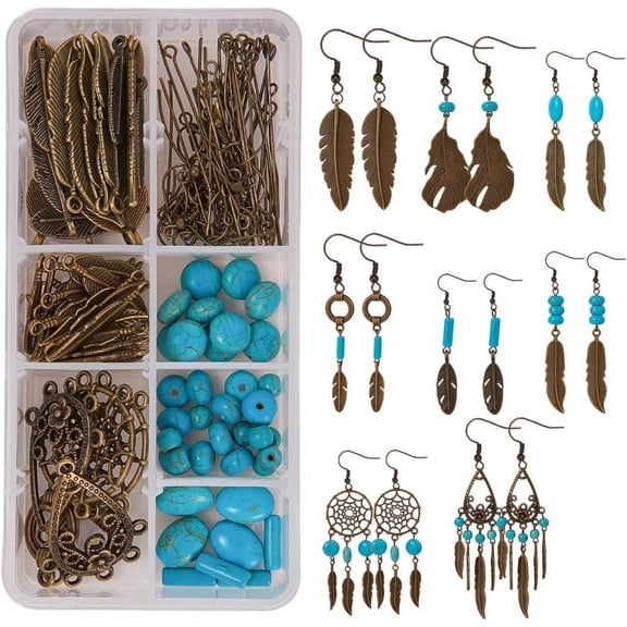 DIY 8 Pairs Bohemian Feather Dream Catcher Earring Making Kit Antique Bronze Feather Charm Connector Turquoise Gemstone Beads Earring Hooks Jewelry Supplies Beginners Instruction