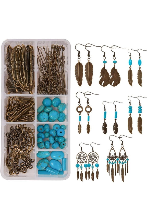 DIY 8 Pairs Bohemian Feather Dream Catcher Earring Making Kit Antique Bronze Feather Charm Connector Turquoise Gemstone Beads Earring Hooks Jewelry Supplies Beginners Instruction