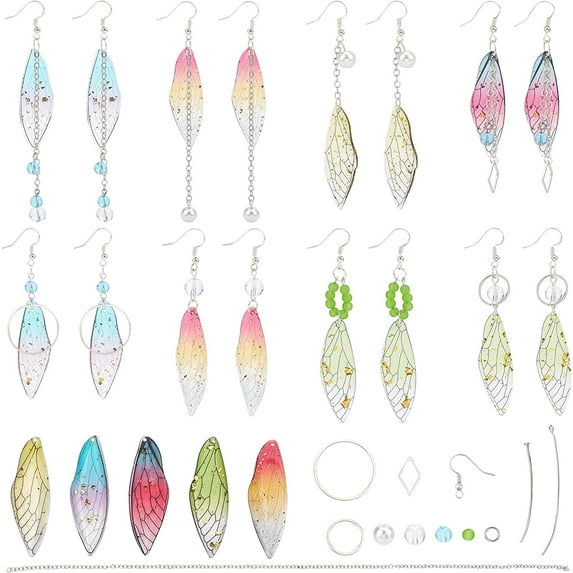 DIY 8 Pairs Insect Wing Earring Making Kits Wing Transparent Epoxy Resin Charms Pendants Glass Beads with Jump Rings for DIY Decorations Supplies Accessories Colorful