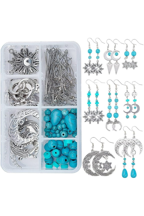 DIY 8 Pairs Star Moon Sun Dangle Earrings Making Kit Turquoise Beads Jewelry Making Accessories Supplies Bohemian Style Charms DIY Making Kits for Beginner Adults Silver Instruction
