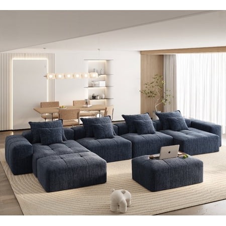 DIY 8-Piece Modular Sectional Sofa in Blue with Sparkling Chenille Fabric & Tufted Design, No Assembly, Soft Cushions
