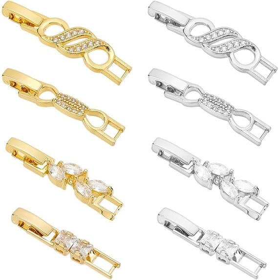 DIY 8Pcs Zirconia Watch Extender Golden Platinum Necklace Bracelet Extender Chain Extension Clasp with Cubic Zirconia Watch Band Clasps for Bracelet Necklace Making DIY Jewelry Extender -8 Styles DIY