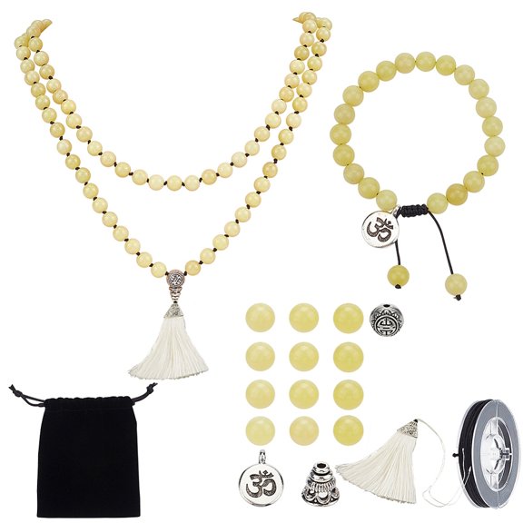 DIY 8mm Fluorite Gemstone Bracelets Necklace Making Kit Random Mixed Color Polyester Tassel Pendant Decorations Ohm Tibetan Style Alloy Pendants