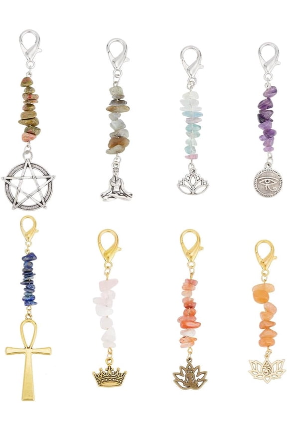 DIY 8pcs Gemstone Chip Pendants with Lobster Claw Clasps 8 Styles Lotus Yoga Dangle Pendant Charms Crystal Stone Pendant Crochet Stitch Marker for Jewelry DIY Crafts Keychain Ornament Making DIY