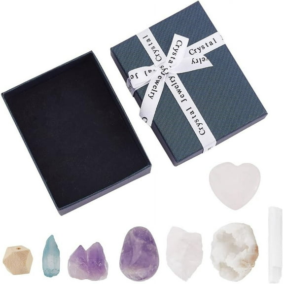 DIY 8pcs Natural Gemstone Gift Box Raw Crystals Kit for Beginners Chakra Gemstones Set with Wood Beads Energy Stone Collection for Balancing Reiki Yoga Home Decoration Jewelry Making DIY