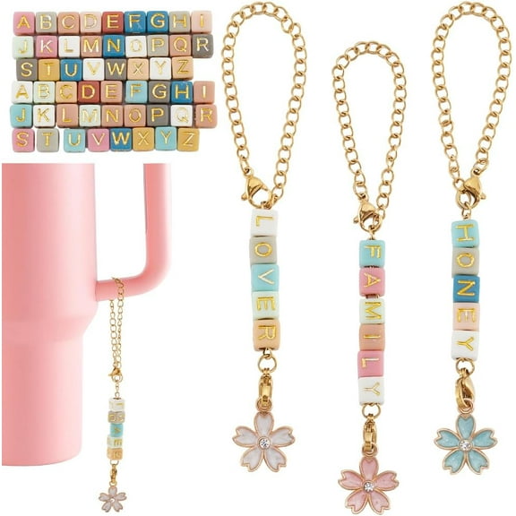DIY 9 Sets Water Cup Charms Set Personalized Handle Charm Cup Name Charms Letters Beads Flower Water Bottle Charm Enamel Name ID Letter Charm Accessories for Tumblers Cups Handle Decor