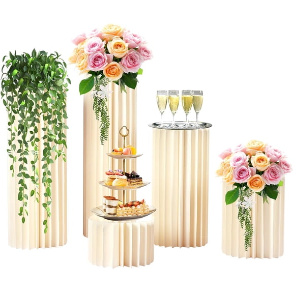 DIY Accordion Cylinder Cardboard Folding Pillar Pedestal Box, 5PCS Large Cylinder Stands for Party Tables Cake Stands, Wedding Dessert Table Display Paper Pedestal Stands for Birthday Babyshower