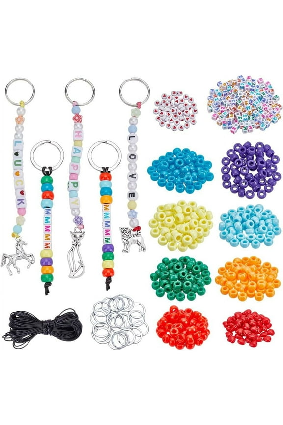 DIY Acrylic Beads Iron Split Key Rings Keychain Making Kits Mixed Color 6~25x1~9x1~6mm Hole: 1.5~3.8mm