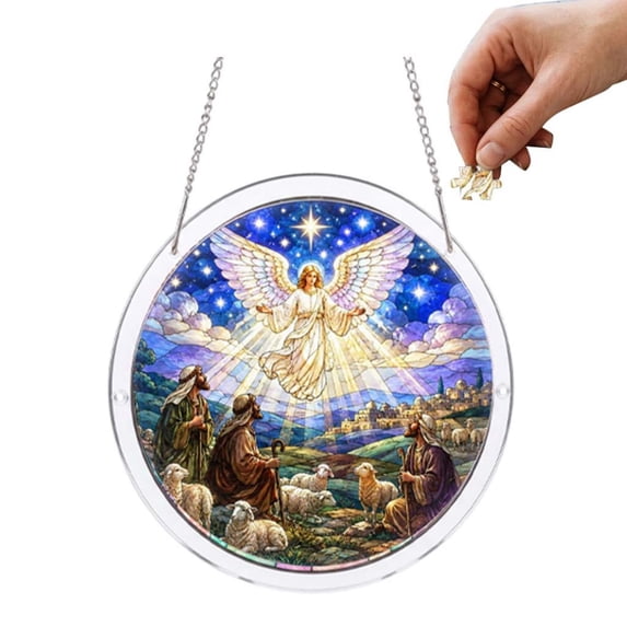 DIY Acrylic Puzzle Suncatcher 7.9in Stained Glass Puzzle Suncatcher Angel Shepherds Nativity Window Hanging for Adults Religious Christmas Decor