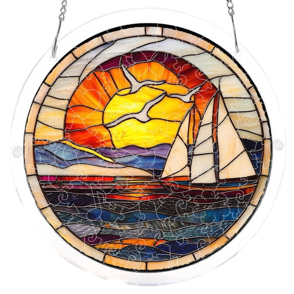 DIY Acrylic Sunset Puzzle Suncatcher Window Hanging Ornament, 83 Piece Stained Glass Style Light Catcher Decoration, Double Sided Art For Garden, Pattern B 19x19cm