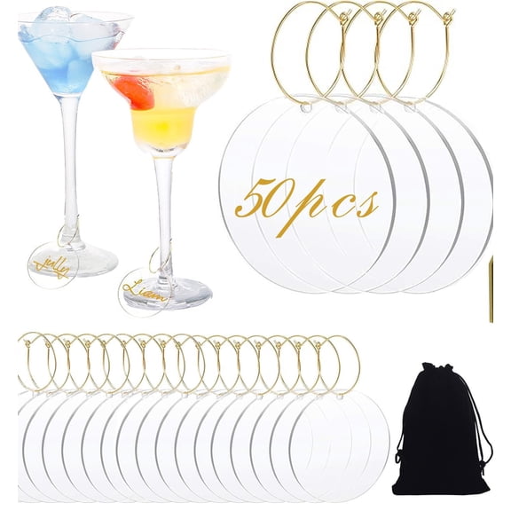 DIY Acrylic Wine Glass Charms with Pen, Stem Glass Identifier Tag, Drink Markers Party Decorations